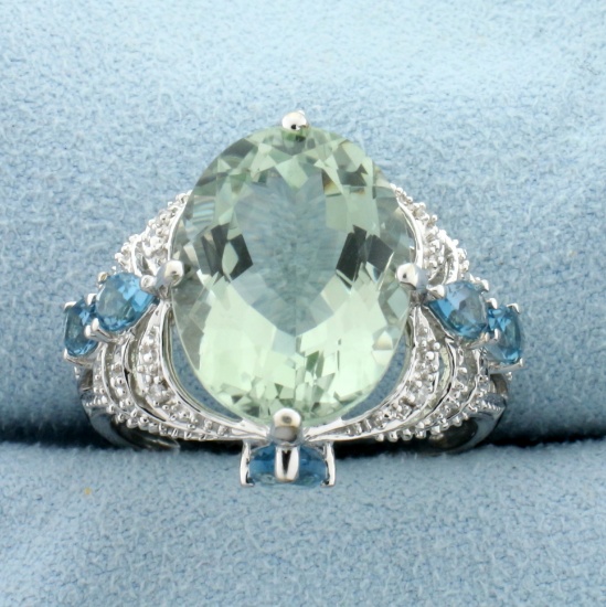 12ct Tw Green Amethyst, Blue Topaz, And Diamond Statement Ring In 14k White Gold