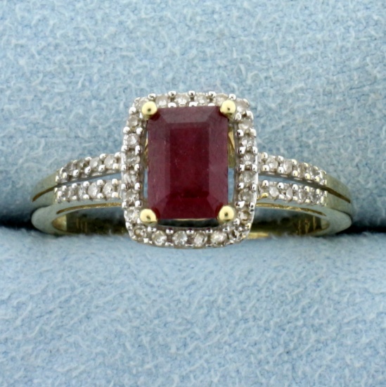 Untreated 1ct Ruby And Diamond Halo Ring In 14k Yellow Gold