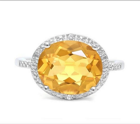 Huge 4.2ct Citrine & Diamond Statement Ring In Sterling Silver