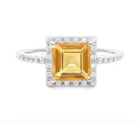 Large 1.5ct Citrine Halo Ring In Sterling Silver