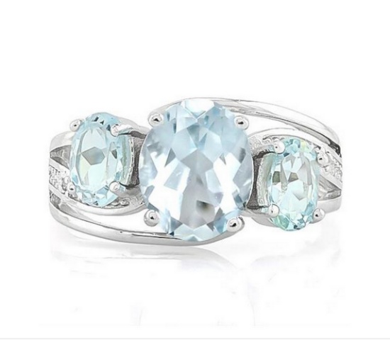 Large Aquamarine & Blue Topaz 3-stone Diamond Ring In Sterling Silver