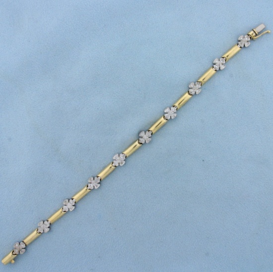 Diamond Four Leaf Clover Good Luck Bracelet In 14k Yellow And White Gold