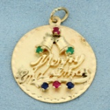 Merry Christmas Bells Pendant With Emeralds, Sapphires, And Rubies In 14k Yellow Gold