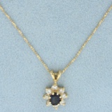 Natural Sapphire And Diamond Pendant On S Link Chain Necklace In 14k Yellow Gold