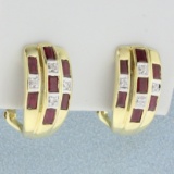 Ruby And Diamond J Hoop Earrings In 14k Yellow Gold