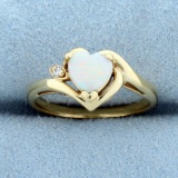 Heart Opal And Diamond Ring In 10k Yellow Gold