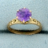 Vintage 1.5ct Amethyst Solitaire Ring With Engraved Flower Design In Shank In 10k Yellow Gold