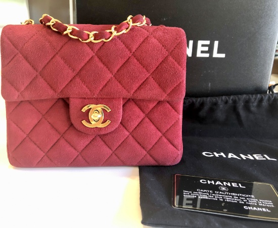 Genuine Chanel Mini Red Suede Classic Square Flap Bag Rare