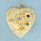 Sapphire, Ruby, And Emerald Flowers And Heart Pendant In 14k Yellow Gold