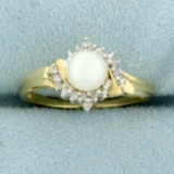 Cultured Pearl And Diamond Ring In 10k Yellow Gold