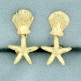 Starfish And Seashell Dangle Earrings In 14k Yellow Gold