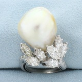 Custom Designed Baroque Pearl And Diamond Statement Ring In Platinum