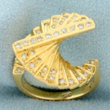 Art Deco Spiral Fan Design Diamond Ring In 14k Yellow Gold