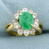 Jade And Diamond Halo Design Ring In 18k Yellow Gold