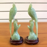 Pair Of Jade Birds On Branch Figurines With Wooden Base