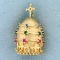 Orthodox Christian Pope Hat Pendant Or Charm With Sapphires, Emeralds And Rubies In 14k Yellow Gold