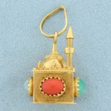 Jade, Red Coral, And Turquoise Mosque Pendant In 18k Yellow Gold