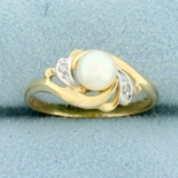 Cultured Pearl And Diamond Ring In 10k Yellow Gold