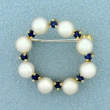 Vintage Sapphire And Akoya Pearl Circle Pin In 14k Yellow Gold