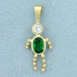 Child Boy Pendant With Green Quartz And Cz In 14k Yellow Gold