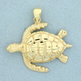 Diamond Cut Sea Turtle Pendant In 14k Yellow Gold