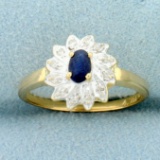 Natural Sapphire And Diamond Flower Ring In 14k Yellow And White Gold