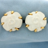 Authentic Chanel Camellia White Agate 18k Gold Clip-on-earrings