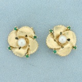 Emerald And Akoya Pearl Flower Clip On Earrings In 14k Yellow Gold