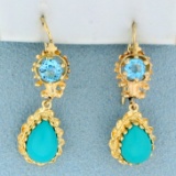 Vintage Persian Turquoise And Blue Topaz Dangle Earrings In 14k Yellow Gold