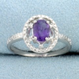 Amethyst Open Halo Diamond Ring In Sterling Silver