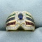 Designer Natural Sapphire, Emerald, Ruby, And Diamond Ring In 18k Yellow Gold
