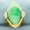 Hand Carved 40ct Jade And Diamond Statement Ring In 14k Yellow Gold