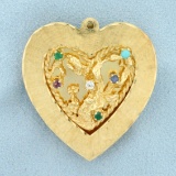 Nature Design Multi-gemstone Large Heart Pendant In 14k Yellow Gold