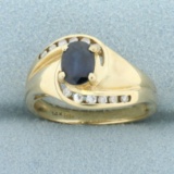 Natural Sapphire And Diamond Ring In 14k Yellow Gold