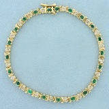 Natural Emerald And Champagne Diamond Bracelet In 14k Yellow Gold