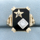 Vintage Order Of The Eastern Star Onyx And Diamond Ring In 10k Yellow Gold