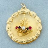 Christmas Tree And Sled Ruby, Sapphire, And Pearl Pendant In 14k Yellow Gold