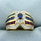 Designer Natural Sapphire, Emerald, Ruby, And Diamond Ring In 18k Yellow Gold
