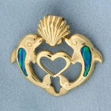 Opal Dolphin Heart Pendant Or Slide In 14k Yellow Gold