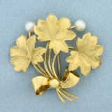 Italian Made Flower Design Akoya Pearl Pin In 18k Yellow Gold