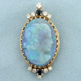 Rare Opal Sapphire And Diamond Cameo Pendant Or Pin In 14k Yellow Gold
