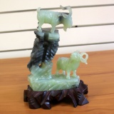Jade Mountain Sheep Hand Carved Chinese Figurine With Wooden Base