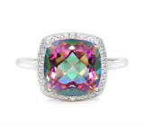 Huge 4.2ct Cushion Cut Mystic Topaz & Diamond Ring In Sterling Silver