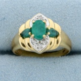 Vintage Natural Emerald And Diamond Ring In 14k Yellow Gold