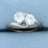 Old European And Round Brilliant Two Stone Diamond Ring In 14k White Gold