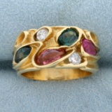 Emerald, Morganite, Diamond, And Rubellite Designer Ring In 14k Yellow Gold