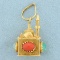 Jade, Red Coral, And Turquoise Mosque Pendant In 18k Yellow Gold