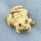 Ruby And Diamond Frog Pin In 18k Yellow Gold