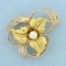 Hand Crafted Custom Design Pearl Leaf Pin In 18k Yellow And Rose Gold
