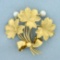 Italian Made Flower Design Akoya Pearl Pin In 18k Yellow Gold